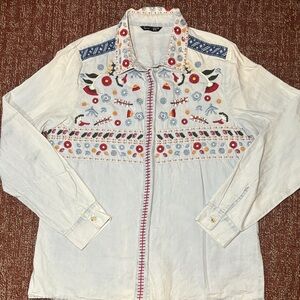 Splash embroidered floral denim long sleeve button down casual boho shirt 14